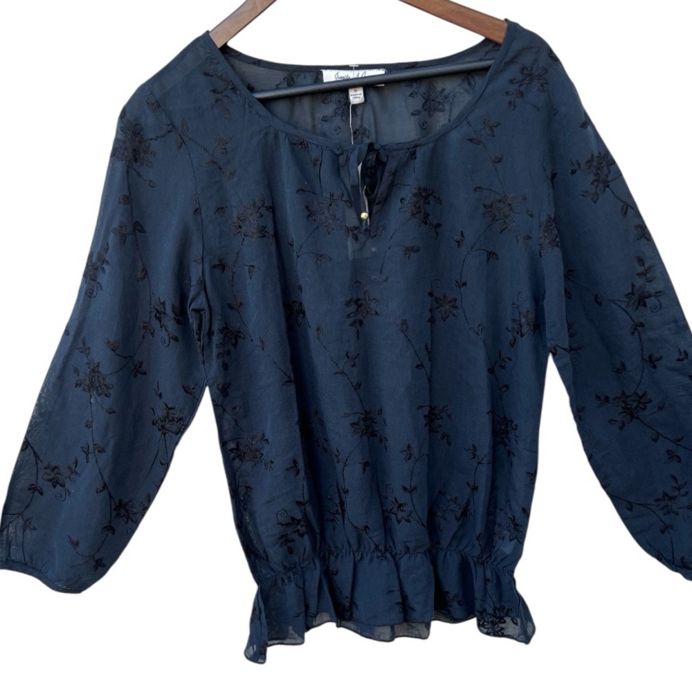 Jennifer and Grace Blouse Women S Navy Blue NWT Embroidered Smocked Peplum Boho‎